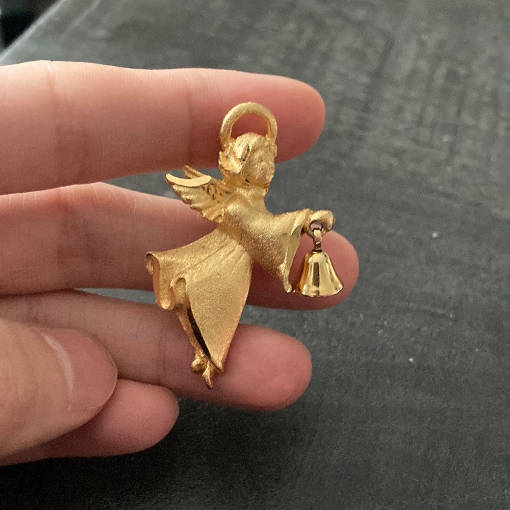 Vintage Gold Tone Textured Angel Holding Dangling Bell Brooch